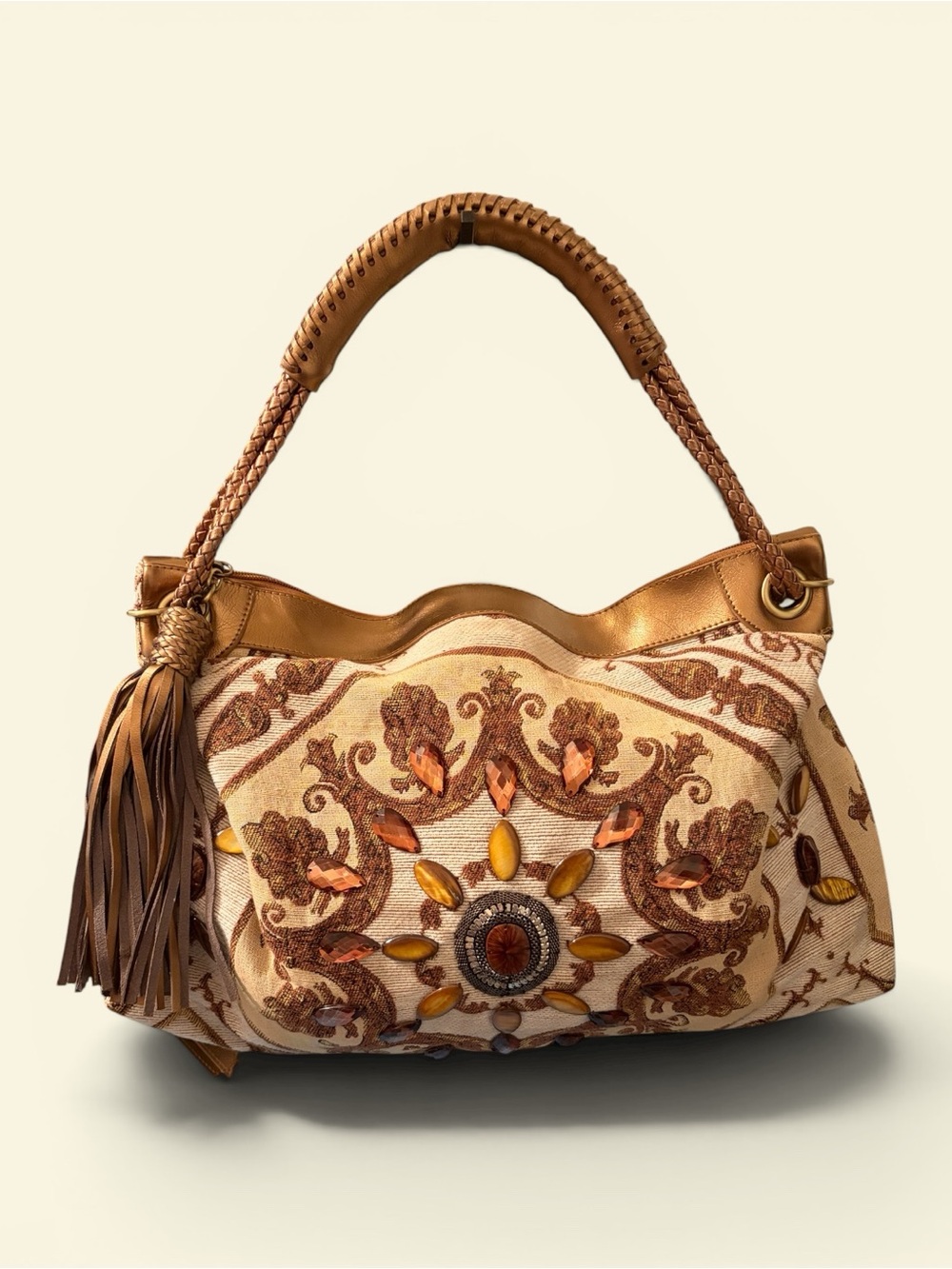 Sharif Embellished Shoulder Bag in Tan, Brown and Gold